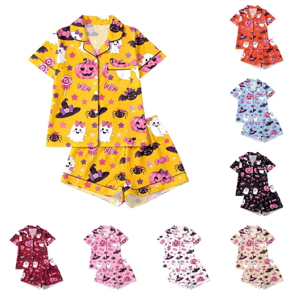 CUZIBR Baby Pajamas For Girls Halloween Short Sleeve Bow Print Button Down Shirt And Shorts 2 PC Sleepwear Ghost Pumpkin Spider Graphic Lapel Smooth Cozy Casual Daily Nightwear,Yellow,4-5 Years