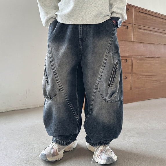 CUZIBR Baby Pants Boys Thick Lined Warm Denim Cargo Pants Straight Wide Leg Trousers Youth Loose Fit Comfortable Fashion Classic Jeans For Sports Everyday Activities,Blue,13-16 Years