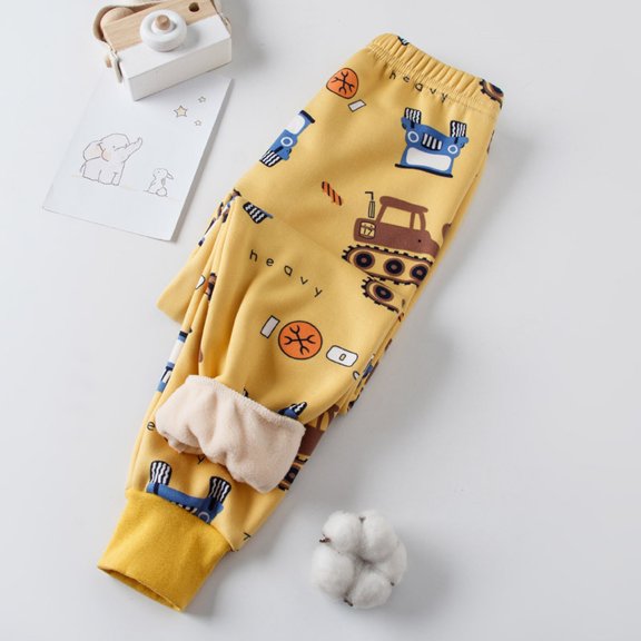 CUZIBR Baby Pants Cartoon Prints Elastic Waist Thick Fuzzy Lined Winter Warm Wide Leg Leggings Pants Plush Thermal Casual Trousers,Yellow,8-9 Years