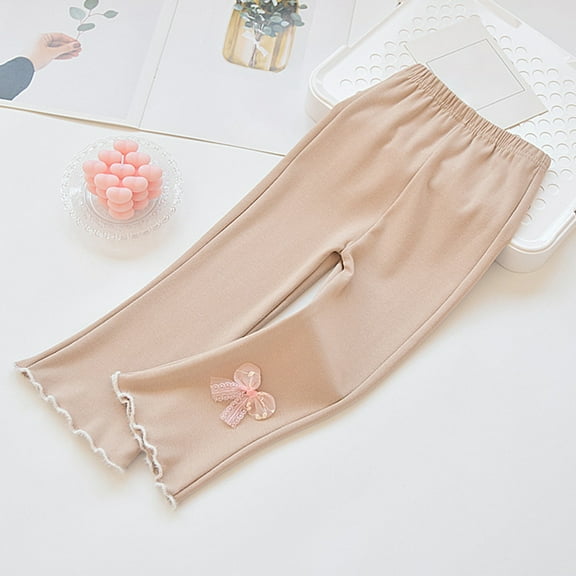 CUZIBR Baby Pants Knitted Ribbed Flare Leg Trousers Ruffles Solid Color Fashion Bow Comfortable Trousers Soft Stylish Casual Trousers,Khaki,2-3 Years