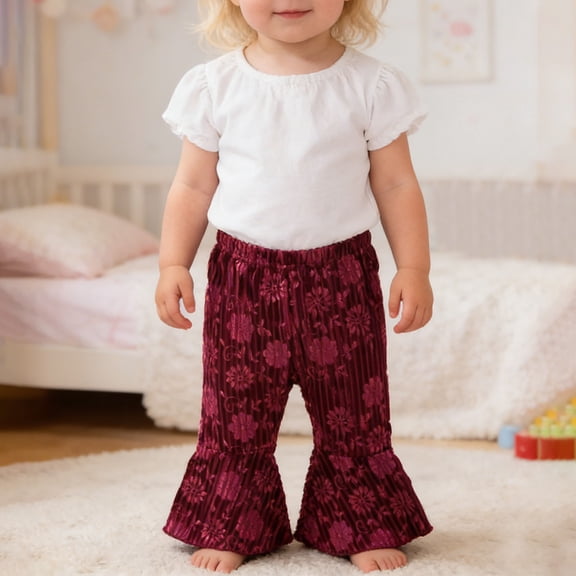 CUZIBR Baby Pants Velvet Flare Pants Thick Lined Thermal Soft Corduroy Trousers Flower Embossed Pattern Cozy Trousers For Sports Everyday Activities,Red,9-12 Months