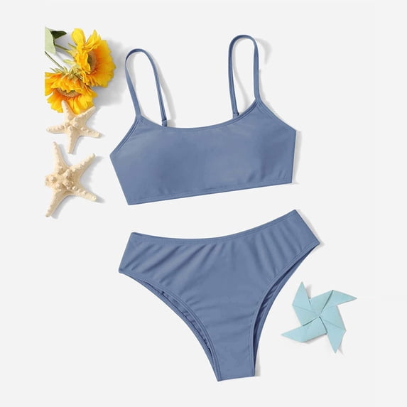 CUZIBR Baby Swimsuit 2 Piece Solid Color Adjustable Strap Bikini Sets High Waist Bottom Beach Wear Outfits Sun Protection Bathing Suit,BU2,9-11 Years