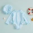 thumbnail image 1 of CUZIBR Baby Swimsuit 2 Piece Swimsuit Rash Guard Stripe Pritn Long Sleeve Onesize Bikini Beachwear Ruffled Round Neck Pool Beach Travel Swimwaer Holiday,Sky Blue,12-18 Months, 1 of 4