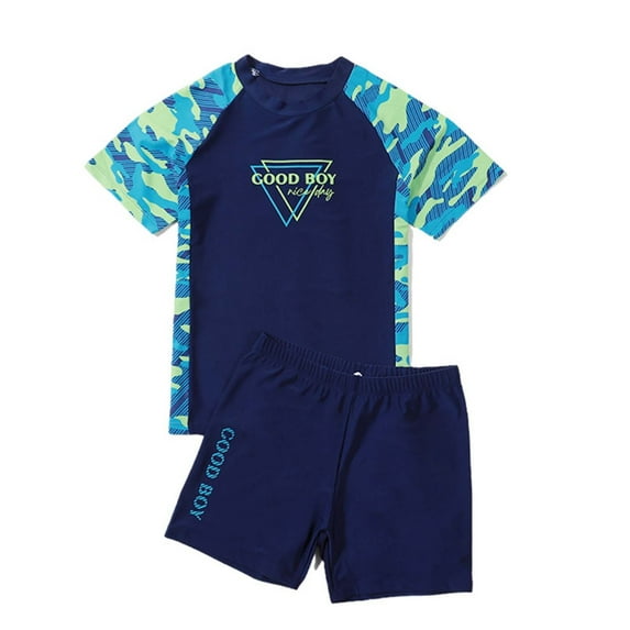 CUZIBR Baby Swimsuit Boys Patchwork Swimwear Set Camouflage Letter Print Shirt Trunks 2 Piece Outfit For Teens Pool Beach Travel Swimwaer Holiday,Blue,6-7 Years