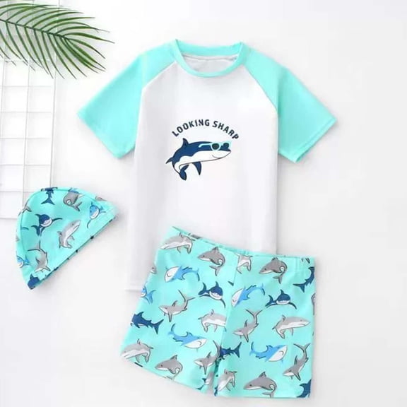 CUZIBR Baby Swimsuit Boys Two Piece Rash Guard Short Sleeve Cartoon Print Shirt Trunks Shorts And Hat Comfortable Stylish Sun Protection Bathing Suit,Green,9-10 Years