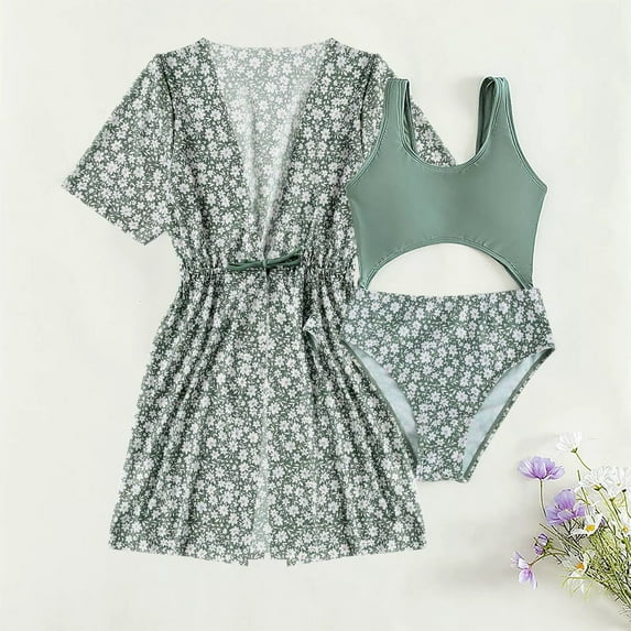 CUZIBR Baby Swimsuit Floral Feather Prints Tank Top Briefs Bikini Sets With Long Sleeve Cover Up Shirts Beachwear Beach Swimwear,Green,11 Years