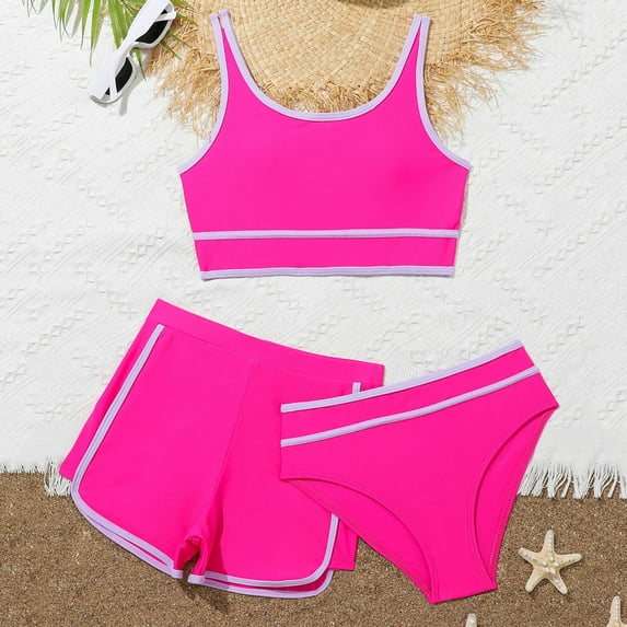 CUZIBR Baby Swimsuit Girl 3 Piece Bikini Set Cute Floral Print Adjustable Strap Tops Brief Beach Shorts Swim Outfits Pool Beach Travel Swimwaer Holiday,Hot Pink,13-14 Years