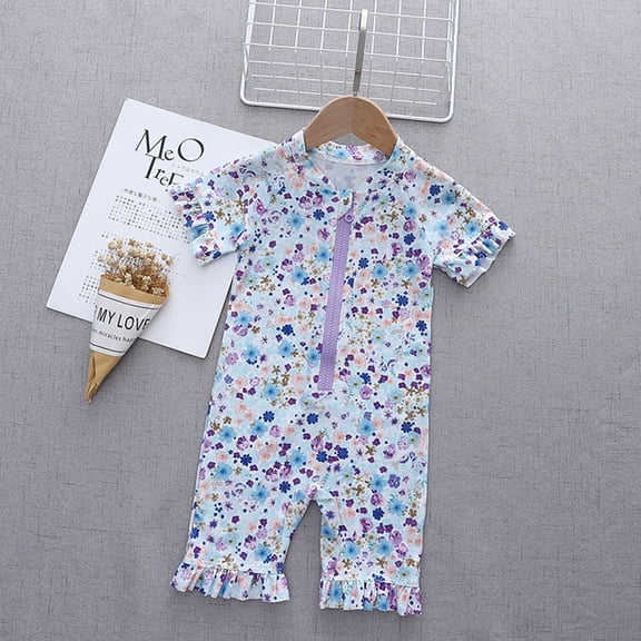 CUZIBR Baby Swimsuit Girl Floral Printed Full Zipper Up Short Sleeved Swim Wear Onesie Shorts Comfortable Sun Protection Bathing Suit,C,2-3 Years