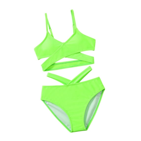CUZIBR Baby Swimsuit Girl Two Piece Swimsuit Solid Adjustable Strap Criss Cross Bikini Set Fashion Stylish Sun Protection Bathing Suit,Green,11-12 Years