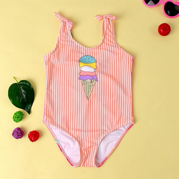 CUZIBR Baby Swimsuit One Piece Swimsuit Sleeveless Striped Cartoon Prints Bow Strap Swim Wear Soft Bikini Sun Protection Bathing Suit,Orange,12-18 Months