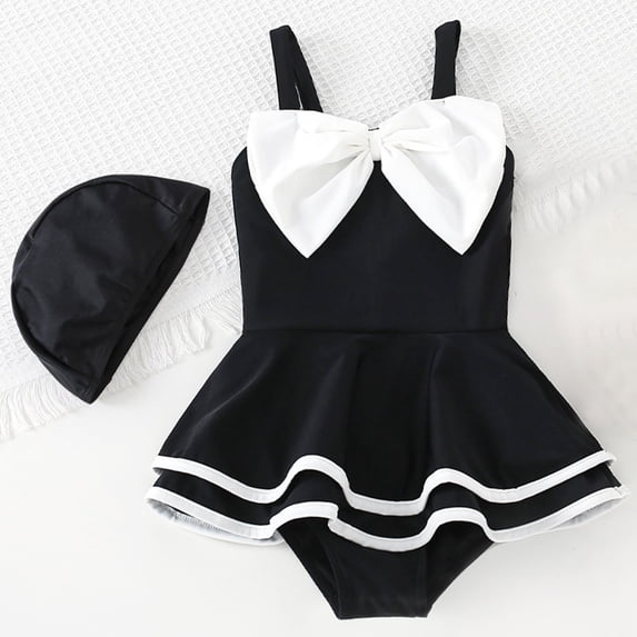 CUZIBR Baby Swimsuit Onesize Swimsuit Dress Spaghetti Strap Cute Bow Ruffle Beachwear With Hat Stylish Sun Protection Bathing Suit,Black,4-5 Years