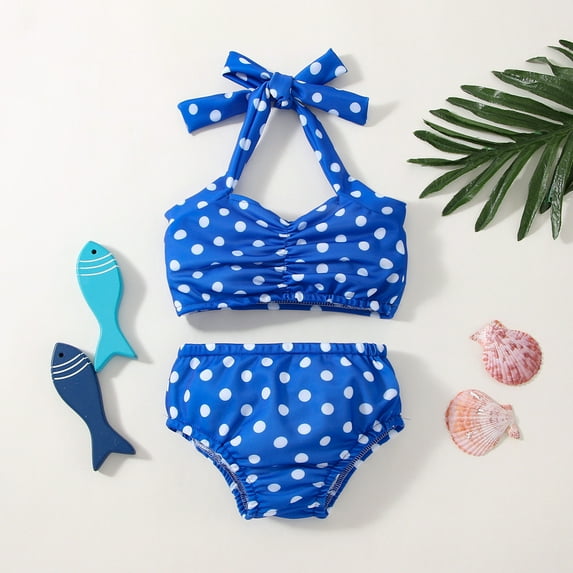 CUZIBR Baby Swimsuit Ruffled Halter Neck Bow Stylish Polka Dot Bikini Set Beach Wear 2 Piece Beach Swimwear,Blue,12-18 Months
