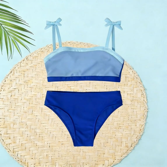 CUZIBR Baby Toddler Bikini Swimsuit Tow Piece Outfits Color Block Print Bow Spaghetti Strap V-Neck Front Ring Ruched Tankini High Waist Beach Pool Party Bathing Suit Swimwear,Blue,7-8 Years