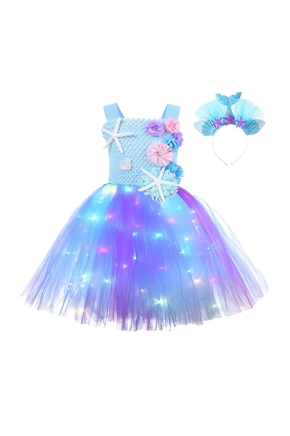 Baby Toddler Girls A-Line Tutu Dress Cute Animal Graphic Layered Square Collar Sleeveless Spaghetti Strap Performance Stage Ruffles High Waist Mini Dresses Headband Outfits,Blue,6-8 Years