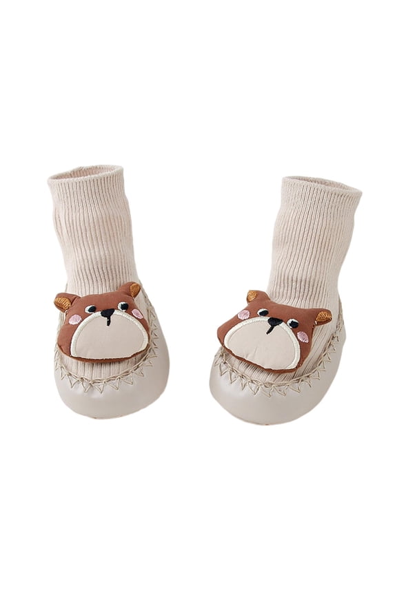 Baby Toddler Girls Crew Walking Socks Cute Cartoon Pattern Solid Color Soft Sole Leather Bottom Floor Socks Non Lightweight Socks First Walking Footwear,Khaki,18-24 Months