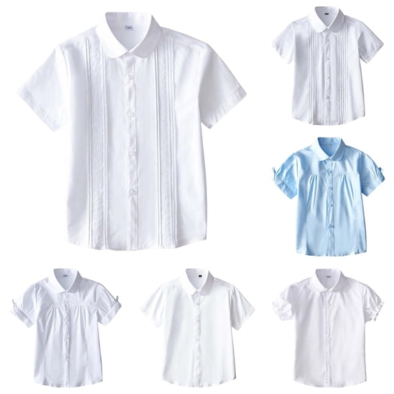 CUZIBR Baby Toddler Girls Dress Shirts Button Down Short Sleeve Pleated Turndown Collar Solid Color Blouse Summer School Uniform For Big Girl Casual Summer Lightweight Trendy Tops,White2,160