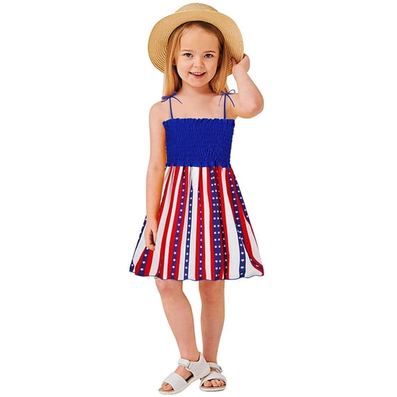 CUZIBR Baby Toddler Girls Independence Day Dresses Star Striped Print Sleeveless Spaghetti Strap Square Collar Smocked Ruffled A-Line Dresses Swing Twirly Summer Sundress,Blue,18-24 Months