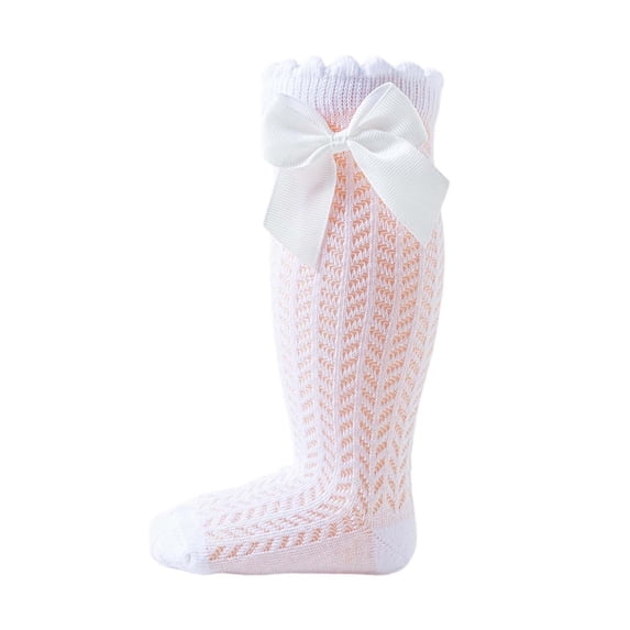 CUZIBR Baby Toddler Girls Knee High Stocking Color Block Hollow Out Sheer Mesh Breathable Leggings Socks Cute Bow Knit Mid Calf Socks Summer Comfortable Breathable Uniform Dress Socks,White,0-2 Years