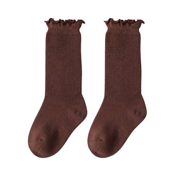 CUZIBR Baby Toddler Girls Knee High Stockings Solid Color Ruffled Non Soft Breathable Lightweight Long Tube Leggings Cotton Comfortable Elegant Casual Socks Dailywear,Brown,12-18 Months