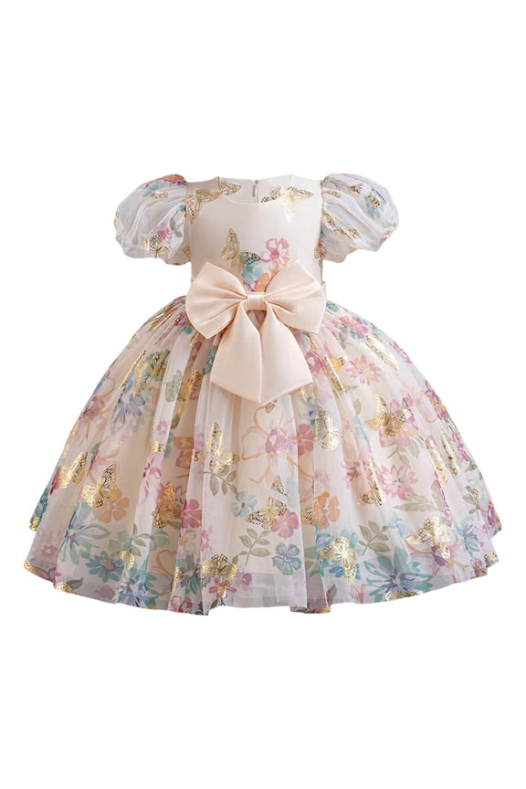 Baby Toddler Girls Mesh Tutu Dresses Cute Short Puff Sleeve Crewneck Lovely Bow Sparkly Glitter Butterflies Flower Pattern Back Zip Up A-Line Party Layered Ball Gowns,Beige,4-5 Years