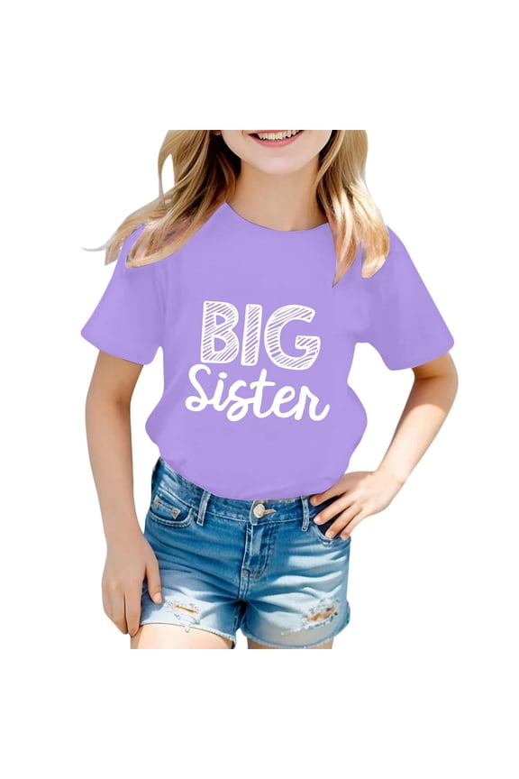 Baby Toddler Girls Summer Base Tshirt Short Sleeve Big Sister Letter Print Round Neck Fashionable Casual Relaxed Tee Top Casual Trendy Birthday Holiday T-Shirt,Purple,10-11 Years