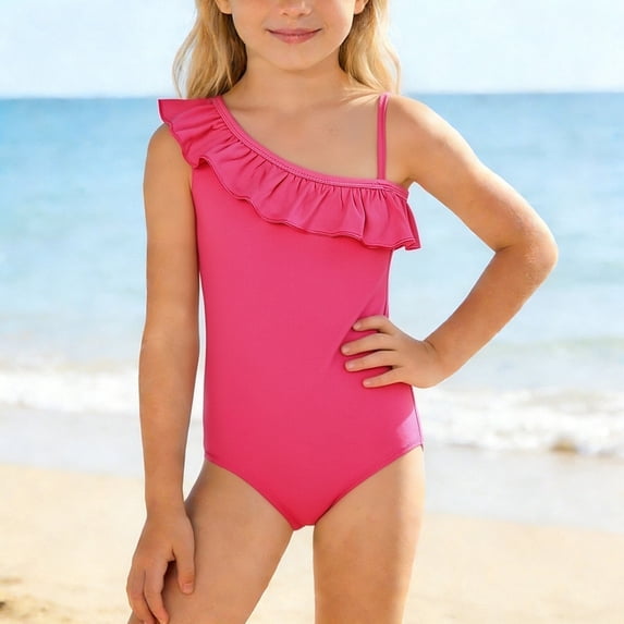 CUZIBR Baby Toddler Onepiece Swimsuit Fashionable Asymmetric Striped Straps One Shoulder Cute Solid Color Casual Tankini Bathing Suit Tummy Control Summer Stylish Beachwear Swimwear,Pink,3-4 Years