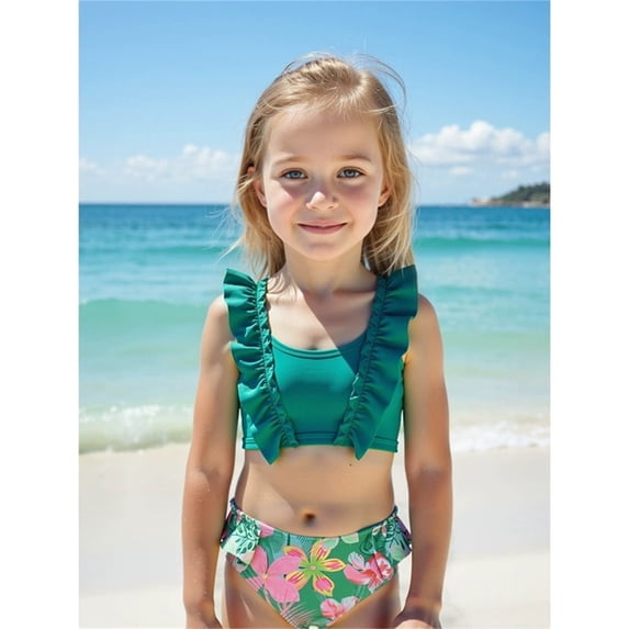 CUZIBR Baby Toddler Two Piece Tankini Swimsuit Flower Print Ruffles Strap Tankini Set Beachwear High Waist Bikini Set Beach Pool Swim Suit Fashionable Spring Summer Beachwear,Green,5-6 Years