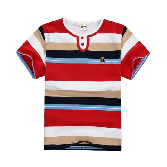 CUZIBR Big Boys Striped Polo Shirts Casual Loose Fit Color Blocked Short Sleeve Tshirt For Boys Cute Top Button Cartoon Embroidery Loose Fit Layering Tee,Coffee,11-12 Years