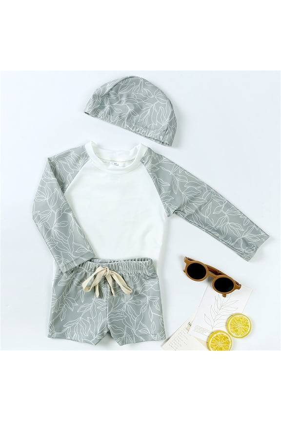 Boys 3 Piece Swimsuits Rash Guard Raglan Sleeve Striped Cute Cartoon Pattern Long Sleeve Shirts Tops And Elastic Waist Shorts Trunks Swimwear Outfits Bathing Suit,Grey,6-12 Months