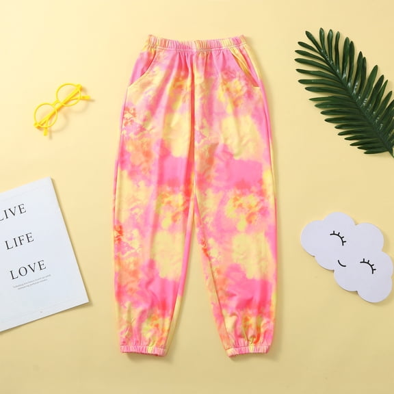 CUZIBR Boys Athletic Pants Tie Dye Elastic Waist Ankle-Tied Trouser Pants Wide Leg Relaxed Cozy Long Pant With Pockets Leisure Loose Joggers Trousers,Orange,3-4 Years