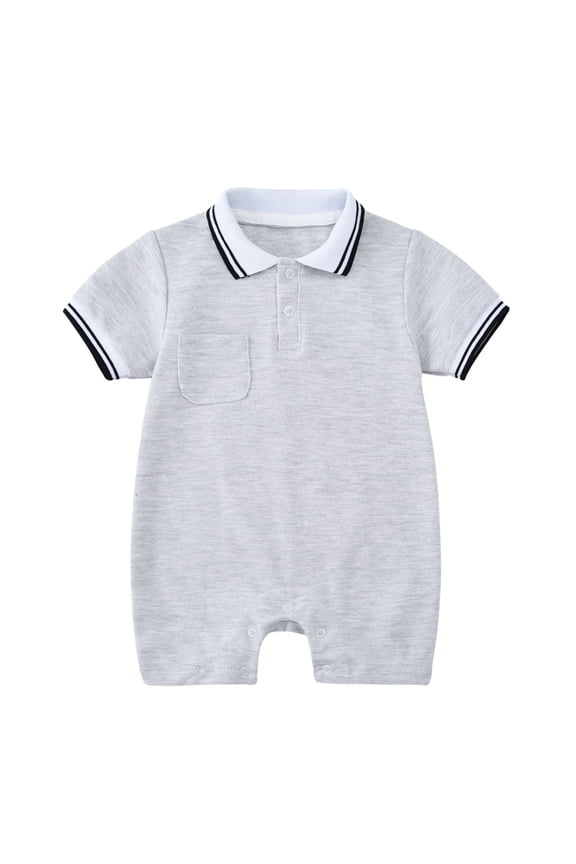 Boys Baby Toddler Romper Jumpsuit Short Sleeve Polo Neck Solid Color Front Pocket Button Pullover Gentleman Bodysuit Breathable One-Piece Cozy Clothes Dailywear,Grey,12-18 Months