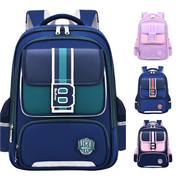 CUZIBR Boys Backpack Letter Print Striped Mesh Side Water Bottle Pockets British Style Large Capacity Casual Daypack Adjustable Padded Shoulder Straps Primary Students Bookbag