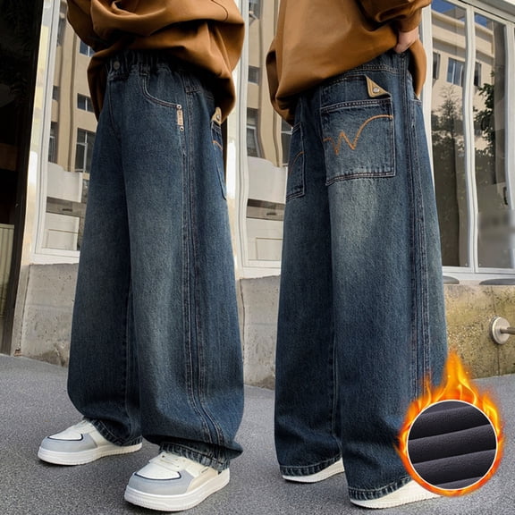 CUZIBR Boys Baggy Pants Boys Thick Lined Warm Denim Pants Straight Wide Leg Trousers Youth Loose Fit Comfortable Fashion Classic Jeans Casual Athletic Clothes,Blue,8-10 Years