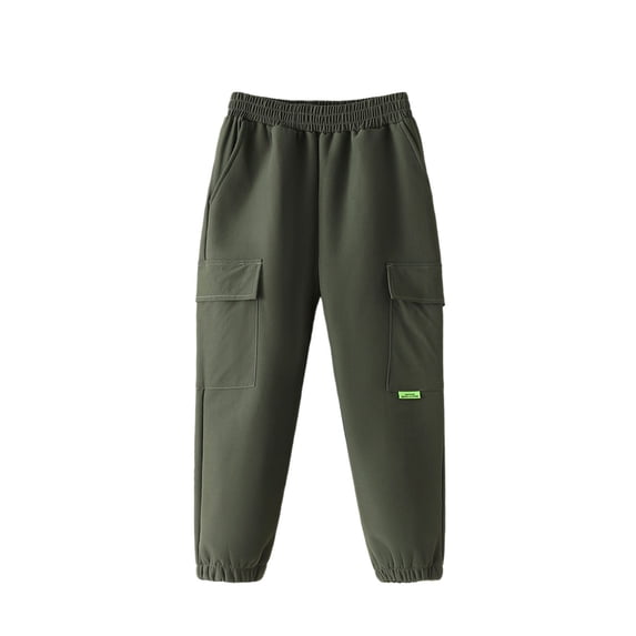 CUZIBR Boys Cargo Pants Winter Spring Thermal Insulated Trousers Thick Lined Warm Elastic Waist Solid Color Multi-Pocket Joggers For Kids Outdoor Play Hiking Cozy Dailywear,Dark Green,8-10 Years