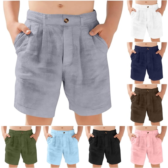 CUZIBR Boys Casual Linen Shorts Solid Color Pleated Chino Shorts Button Closure Lightweight Breathable Loose Fit Casual Knee Length Bottoms For Boys Summer School Dailywear,Grey,12-13 Years