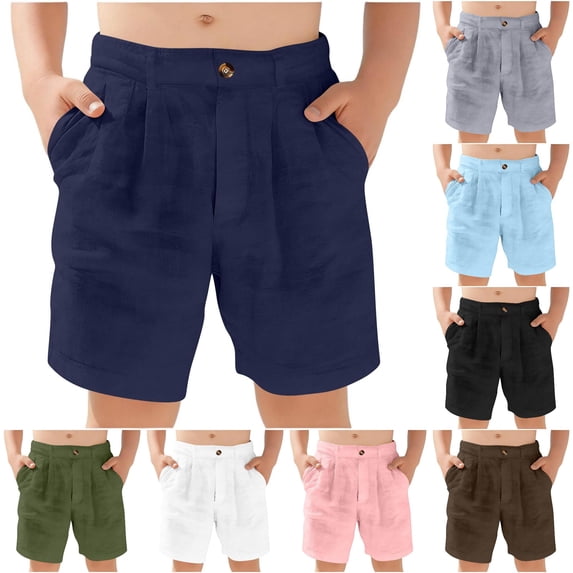 CUZIBR Boys Casual Linen Shorts Solid Color Pleated Chino Shorts Button Closure Lightweight Breathable Loose Fit Casual Knee Length Bottoms For Boys Summer School Dailywear,Navy,9-10 Years