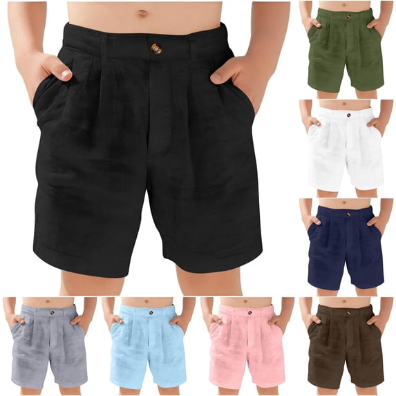 CUZIBR Boys Casual Linen Shorts Solid Color Pleated Chino Shorts Button Closure Lightweight Breathable Loose Fit Casual Knee Length Bottoms For Boys Summer School Dailywear,Black,12-13 Years