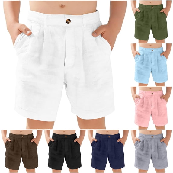 CUZIBR Boys Casual Linen Shorts Solid Color Pleated Chino Shorts Button Closure Lightweight Breathable Loose Fit Casual Knee Length Bottoms For Boys Summer School Dailywear,White,12-13 Years