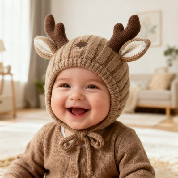 CUZIBR Boys Christmas Hat Winter Knitted Thick Thermal Adorable Baby Caps Cute Deer Pattern Lace Up Headwear Toddler Fashionable Comfort Cozy Headgear,Coffee,One Size