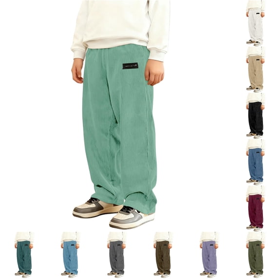 CUZIBR Boys Corduroy Pants Classic Textured Straight Wide Leg Casual Trousers For Kids Soft Loose Comfortable Solid Color Relax Fit Baggy Pants For Little Boys,Green,7-8 Years