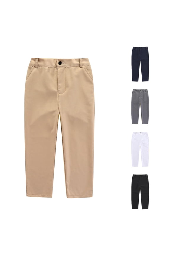 Boys Flat Front Dress Pants Casual Uniform Straight Chino Pants Button Zipper Fly Side Pockets Formal School Trousers For Kids Unisex ,Khaki,5-6 Years