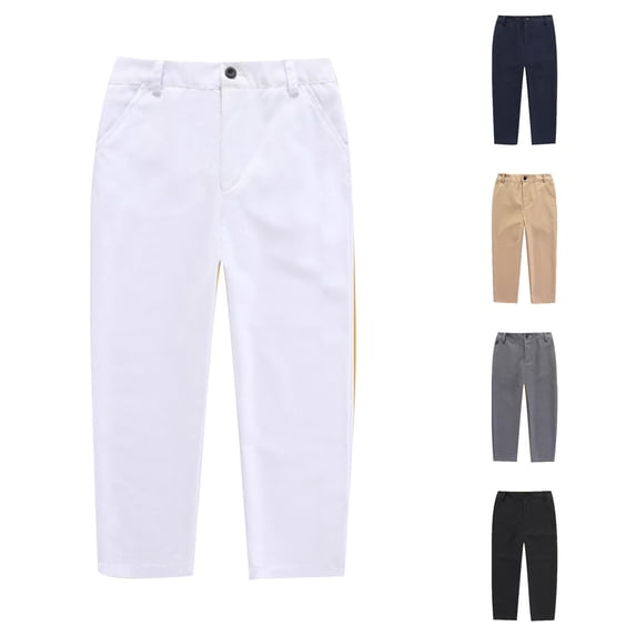 CUZIBR Boys Flat Front Dress Pants Casual Uniform Straight Chino Pants Button Zipper Fly Side Pockets Formal School Trousers For Kids Unisex ,White,6-7 Years