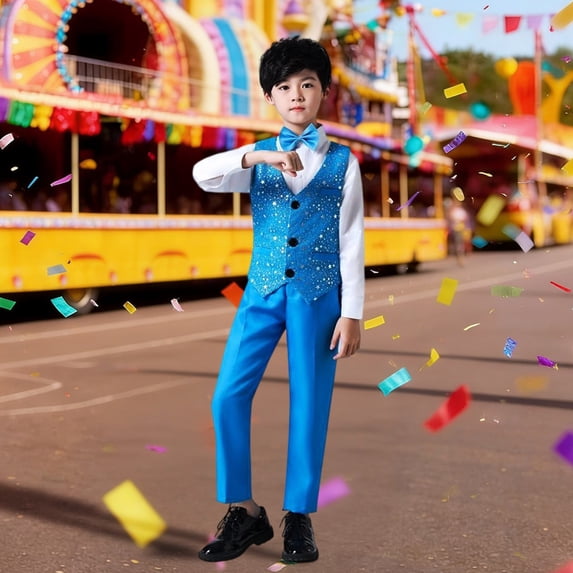 CUZIBR Boys Formal Dresswear Suit Sleeveless V Neck Button Down Sparkly Sequin Vest + Dress Shirt With Bowtie + Flat Front Trousers Party Show For Kids Outfits Vacation Dailywear,Blue,7-8 Years