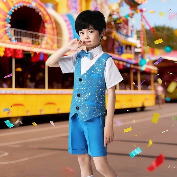 CUZIBR Boys Formal Dresswear Suit Sleeveless V Neck Button Down Sparkly Sequin Vest Dress Shirt Shorts Bowtie Performance Stage Party Show For Kids Outfits Spring Fall Clothes,Blue,7-8 Years