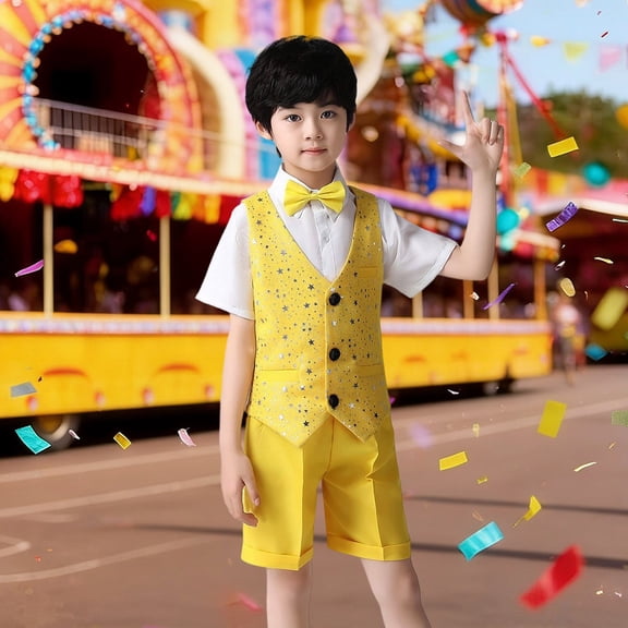 CUZIBR Boys Formal Dresswear Suit Sleeveless V Neck Button Down Sparkly Sequin Vest Dress Shirt Shorts Bowtie Performance Stage Party Show For Kids Outfits Vacation Dailywear,Yellow,11-12 Years