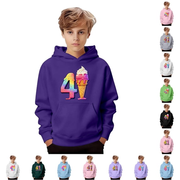 CUZIBR Boys Girls Graphic Print Hooded Sweatshirt Kids Pullover Casual Long Sleeve Front Pocket Soft Tops For 4 Years Old Kids Birthday Party Dailywear Fall Clothes,Dark Purple-a,5-6 Years