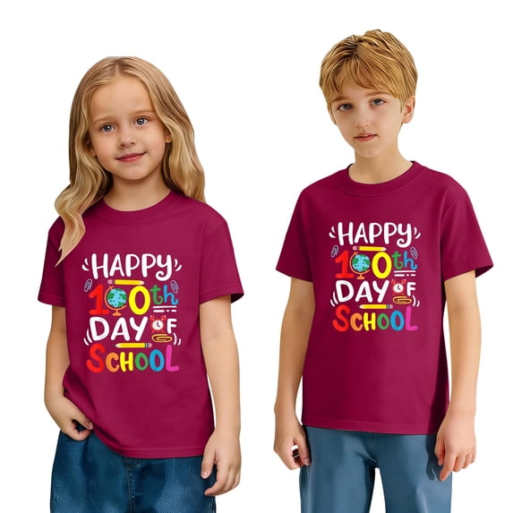 CUZIBR Boys Girls Graphic T-Shirt Print 100 Days Of School Letter Print Short Sleeve Casual Crewneck Tees For Kids Youth Soft Breathable Shirt Daily Wear Athletic Baggy Tops,Brick Red,3-4 Years