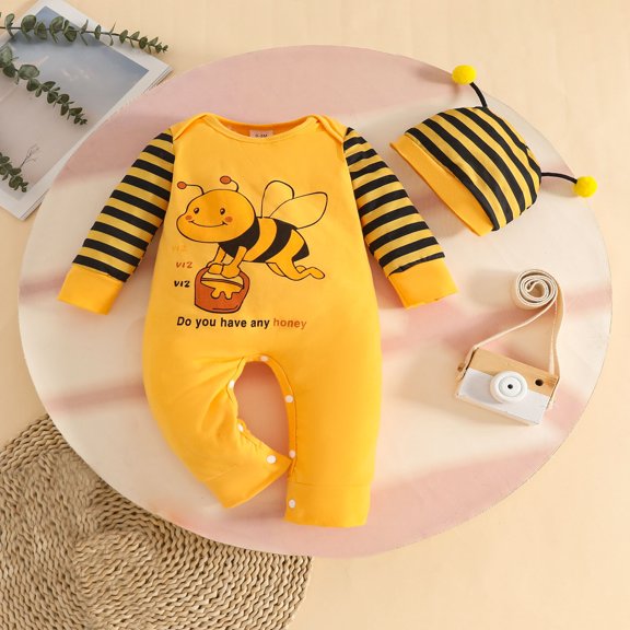 CUZIBR Boys Girls One-Piece Jumpsuit Round Neck Long Sleeve Overall Striped Cute Cartoon Print Romper With Hat Set Relaxed Stylish Clothing Set Outfit,Yellow,0-3 Months