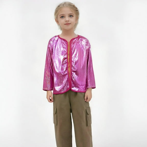 CUZIBR Boys Girls Shiny Sequin Jacket Long Sleeve Solid Color Cardigan Lightweight Coat Toddler Kids Stage Performance Club Party Tops,Hot Pink,4-5 Years