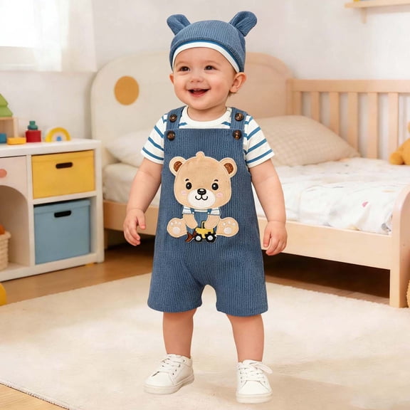 CUZIBR Boys Girls Suspender Shorts Set Short Sleeve Classic Striped Prints Round Neck Romper Bodysuit Cute Cartoon Animal Dog Pattern Embroidery Overall Outfits Vacation Dailywear,Sky Blue,3-6 Months